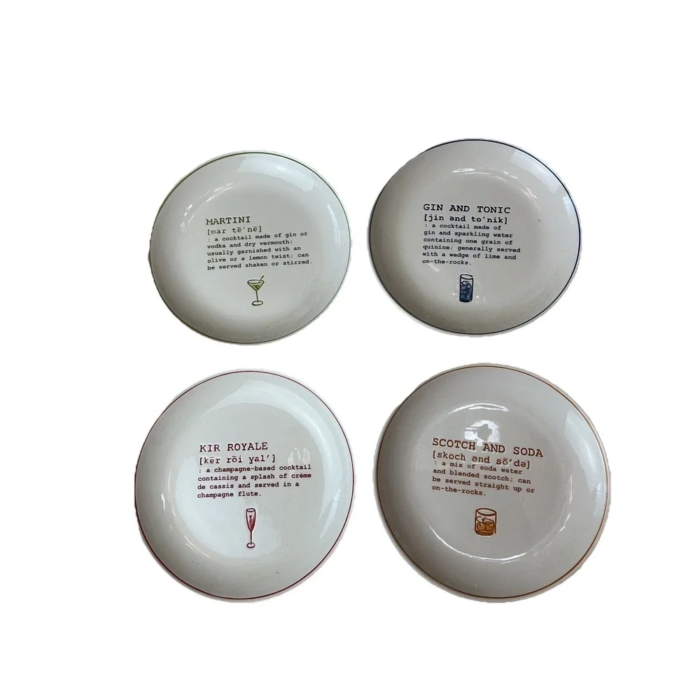 Pottery Barn Plates Set 4 Cocktails Defined Martini Scotch Gin Tonic Drinks New